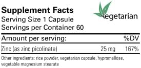 Zinc Picolinate 25mg 60 Vegetarian Capsules | Highly absorbable Form of zinc, Essential for maintaining Various Health Functions | Immune System Support | Tissue Repair | Clear Skin