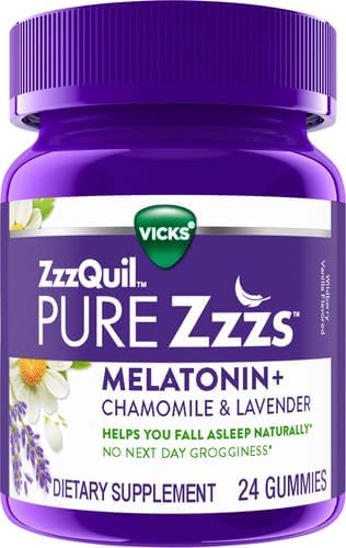 ZzzQuil Pure Zzzs, Melatonin Sleep Aid Gummies with Lavender, Valerian Root and Chamomile, Natural Wildberry Vanilla Flavor, Non-Habit Forming, Drug-Free, 24 Gummies (Pack of 4)
