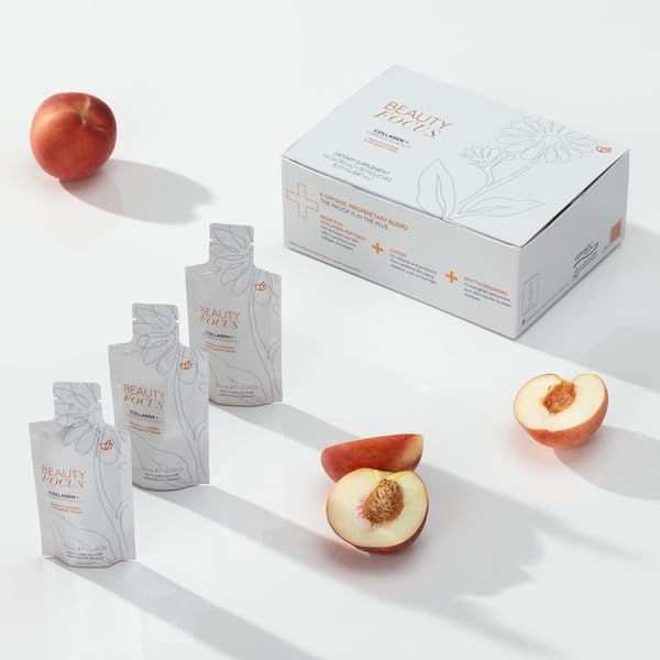 Beauty Focus Collagen Plus | Peach Flavor | 1.0 Fl Oz | 30 Packets | Liquid Collagen for Women and Men | Supports Skin Hydration | Collagen Peptides