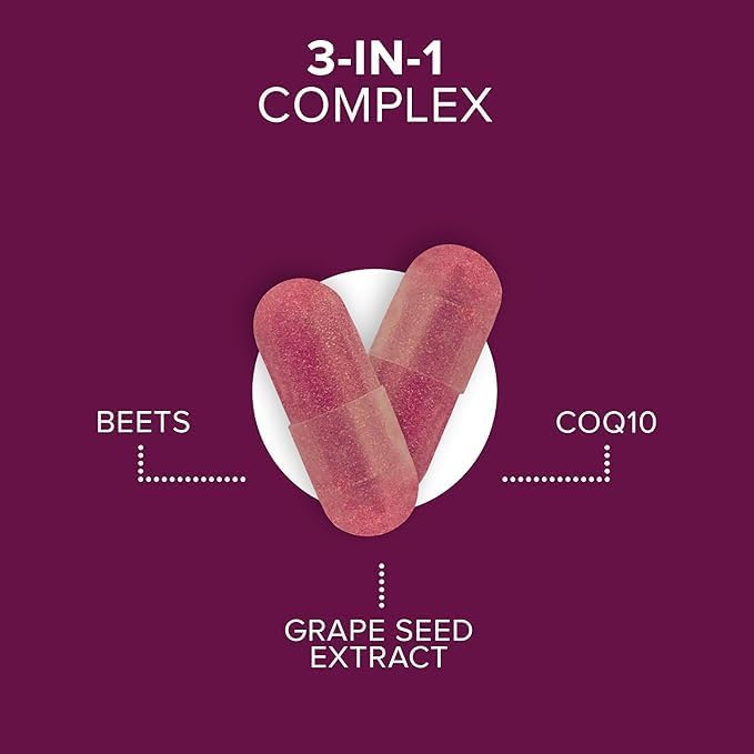 Qunol Blood Pressure Support, 3 in 1 Beets + CoQ10 + Grape Seed Extract, Beet Root Capsules That Supports Healthy Blood Circulation & Heart Healthy Energy, 60 Count (Pack of 1)
