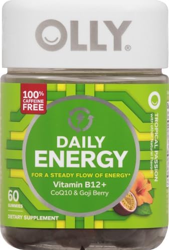 OLLY Daily Energy Gummy, Caffeine Free, Vitamin B12, CoQ10, Goji Berry, Adult Chewable Supplement, Tropical Flavor - 60 Count (Pack of 2)