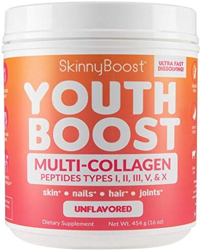 SkinnyBoost Youth Boost Advanced Multi-Collagen Peptides Powder - 5 Types of Hydrolyzed Collagen for Hair, Skin, Nails & Joints - Fast Dissolving, Grass Fed, Keto Friendly - Unflavored - 58 Servings