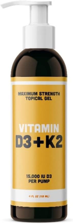 Vitamin D3 K2 Maximum Strength Topical Gel - 15000+ IU Per Pump - The Sunshine Vitamin - Supports Bone & Joint Health, Immune Support - One Month Supply