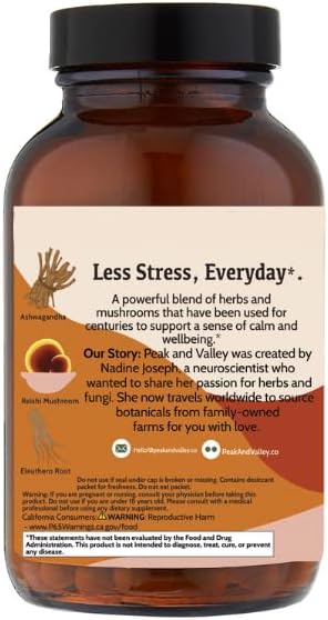Peak + Valley Stress Relief Supplement for Mood Support Balance My Stress Capsules - Contains Adaptogens, Ashwagandha, Eleuthero Root, Reishi Mushroom Supplement - Natural Mood Stabilizer - 60 Ct