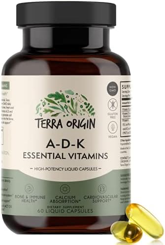 TERRA ORIGIN ADK Essential Vitamin Supplement | 60 Liquid Capsules | High Potency Vitamin A, D 5000 IU, K1 and K2 | Non GMO, Gluten Free, Vegan, Made in USA