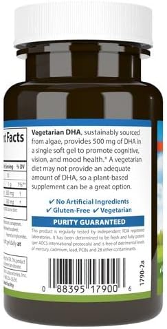 Carlson - Vegetarian DHA, 500 mg DHA, Plant Based, Sustainably Sourced from Algae, Brain Support, Mood Health, 30 Softgels