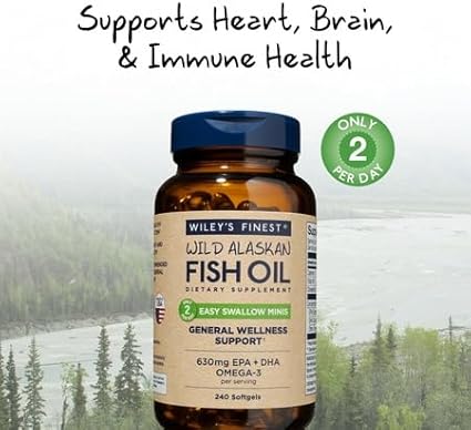 Wiley's Finest Wild Alaskan Fish Oil Easy Swallow Minis - Omega-3 Fish Oil Supplement for Adults and Kids - Double-Strength 630mg EPA and DHA Natural Supplement - 240 Mini Softgels (120 Servings)