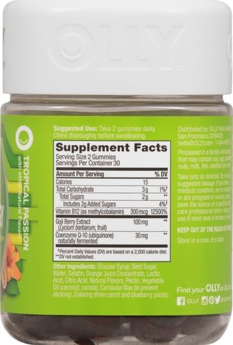 OLLY Daily Energy Gummy, Caffeine Free, Vitamin B12, CoQ10, Goji Berry, Adult Chewable Supplement, Tropical Flavor - 60 Count (Pack of 2)