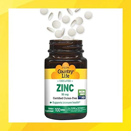 Country Life Chelated Zinc 50 mg - Certified Gluten-Free & Vegan Immune Support Supplement, Enhances Zinc Absorption, Supports Body’s Protein Production & Cellular Health, 100 Vegetarian Tablets