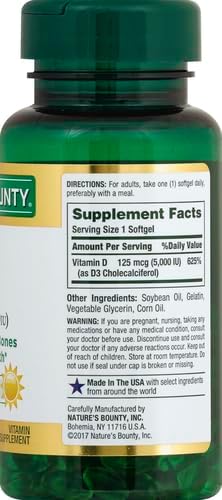 Nature's Bounty Vitamin D3, Immune and Bone Support, 5000IU, Rapid Release Softgels, 150 Ct (Pack of 2)