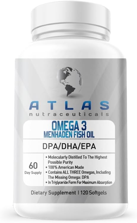Atlas Nutraceuticals-Atlantic Caught Menhaden Fish Oil-Lab Tested-Omega 3-2400mg, Burpless, Made in The USA, DPA/DHA/EPA-120 Softgels