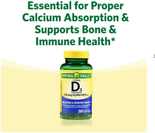 Vitamin D3 5000iu, 125 mcg per Softgel, Healthy Muscle Function, and Immune Support, Non-GMO, Gluten Free and Dairy Free Vitamin D Supplement, 250 Count