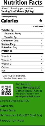 Organic Bacopa Powder (Brahmi Leaf), Certified Organic Ayurveda Superfood, Hair and Brain Tonic, Resealable Pouch of 8 oz