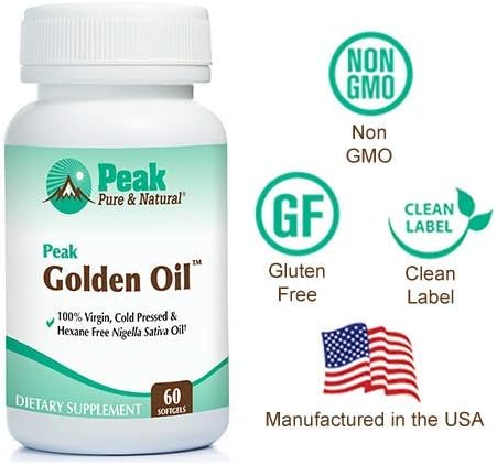 Peak Pure & Natural, Peak Golden Oil Cold Pressed Organic Black Seed Oil Supplement - Black Seed Oil for Digestive Health, Skin Nutrition, Joint Comfort - 60 Capsules