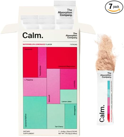 Calm Drink Mix - Relaxation Aid with Magnesium, Ashwagandha, L-Theanine, & Vitamin D - Supports Cortisol Regulation and Mood for Men & Women - Watermelon Lemonade Flavor 7 Sticks
