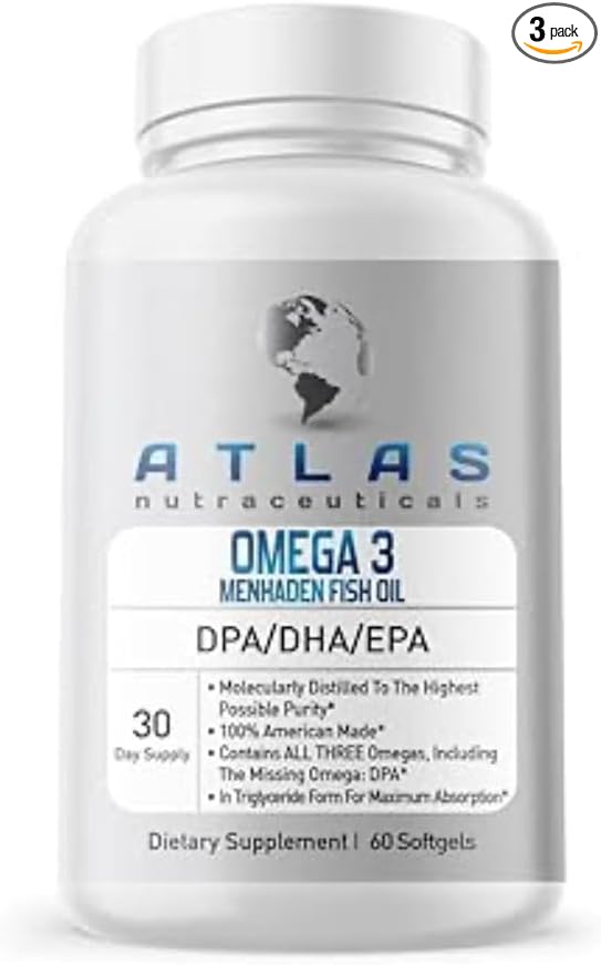 Atlas Nutraceuticals-Atlantic Caught Menhaden Fish Oil-Omega 3-2400mg, Burpless, Made in The USA, DPA/DHA/EPA-60 Softgels (1)