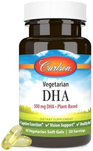 Carlson - Vegetarian DHA, 500 mg DHA, Plant Based, Sustainably Sourced from Algae, Brain Support, Mood Health, 30 Softgels