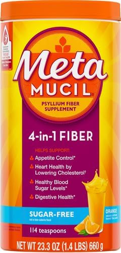 Metamucil, Daily Psyllium Husk Powder Supplement, Sugar-Free Powder, 4-in-1 Fiber for Digestive Health, Orange Flavored Drink, 114 teaspoons, 1.4 Pound (Pack of 2)