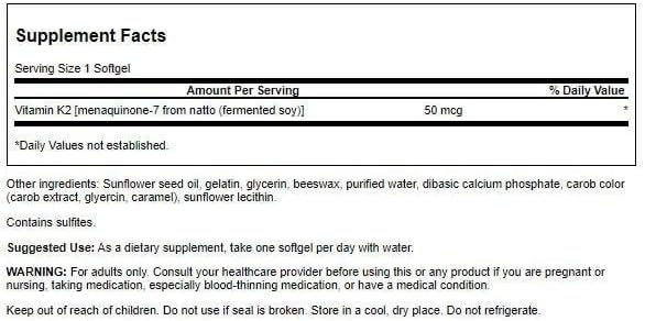 Swanson Natural Vitamin K2 (Menaquinone-7 from Natto) 50 mcg 30 Sgels