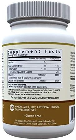 Windmill Health Products Natural Vitamins Zinc Lozenges with Vitamin C Honey Lemon Flavor, Immune System Support, Provides Antioxidant Support, Delicious & Fast Acting, 60 Lozenges, 60 Servings.