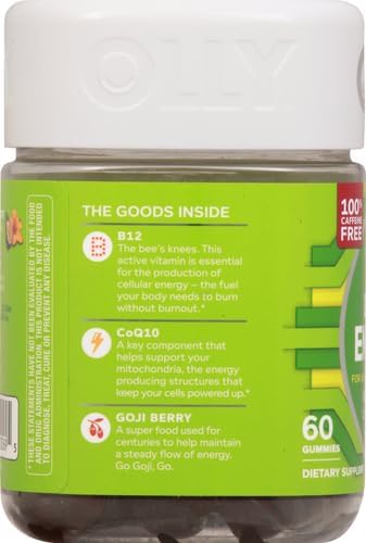 OLLY Daily Energy Gummy, Caffeine Free, Vitamin B12, CoQ10, Goji Berry, Adult Chewable Supplement, Tropical Flavor - 60 Count (Pack of 2)