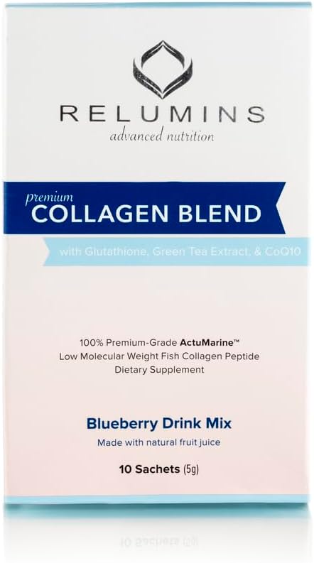 Relumins Marine Collagen Powder Drink Mix - Collagen Peptide with Glutathione, Green Tea, CoQ10, & Hyaluronic Acid Boosts Smooth Glowing Skin - 10 Powder Sachets x Blueberry Flavored