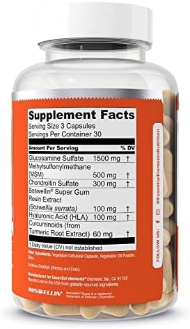 Essential Elements Glucosamine Chondroitin MSM Boswellia Serrata Hyaluronic Acid Supplement Joint Support Antioxidant Supplement for Flexibility - 90 Capsules