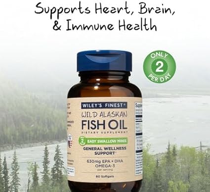 Wiley's Finest Wild Alaskan Fish Oil Easy Swallow Minis - Omega-3 Fish Oil Supplement for Adults and Kids - Double-Strength 630mg EPA and DHA Natural Supplement - 60 Mini Softgels (30 Servings)