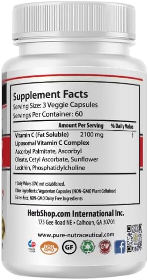 Doctor's Blend HerbShop Liposomal Vitamin C Capsules, 2100mg, Sunflower Lecithin, 180 Capsules, 60-Day Supply, Immune & Antioxidant Support