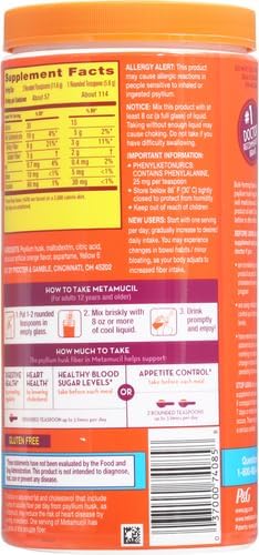 Metamucil, Daily Psyllium Husk Powder Supplement, Sugar-Free Powder, 4-in-1 Fiber for Digestive Health, Orange Flavored Drink, 114 teaspoons, 1.4 Pound (Pack of 2)