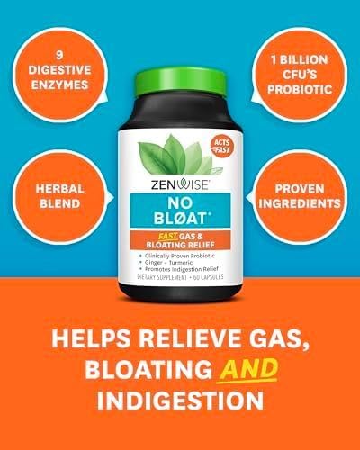 Zenwise Health NO Bloat Digestive Enzymes + Probiotics for Women and Men Digestive Health with Ginger, Dandelion, and Lactase for Gas and Bloating Relief - Vegan Water Retention Pills - 60 CT