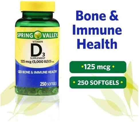 Vitamin D3 5000iu, 125 mcg per Softgel, Healthy Muscle Function, and Immune Support, Non-GMO, Gluten Free and Dairy Free Vitamin D Supplement, 250 Count