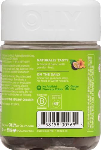 OLLY Daily Energy Gummy, Caffeine Free, Vitamin B12, CoQ10, Goji Berry, Adult Chewable Supplement, Tropical Flavor - 60 Count (Pack of 2)