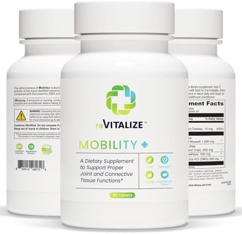 REVITALIZE Mobility + Advanced Joint & Connective Tissue Support Formula Inflammation, Joint Care & Relief, Heart & Immune Support, Perna Canaliculus, Glucosamine, MSM, DMG- 90 Tablets