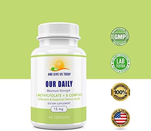 Our Daily Vites L-Methylfolate B Complex Cofactors & Essential Amino Acids (15mg) - Active Folate, Methylated B12 Methylcobalamin, B6 and Glycine - 60 Count
