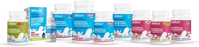 Milkaid Junior Lactase Enzyme Chewable Tablets for Lactose Intolerance | Prevents Gas, Bloating, Diarrhea in Children| Fast Acting Dairy Digestive Supplement for Kids| 60 ct (60 Tablets, Vanilla)