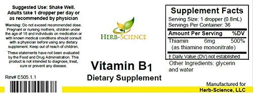Liquid Vitamin B1 Drops - Daily Thiamine Supplement to Support Digestion, Nervous System, Heart Health, Stress Relief, Natural Energy Booster - 500% DV, 36 Servings per Bottle - 1 fl. oz.