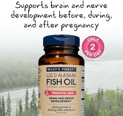 Wiley's Finest Wild Alaskan Fish Oil Prenatal DHA - 900mg EPA and DHA Omega-3s for Pregnant Women and Nursing Mothers - 180 Softgels (90 Prenatal Vitamin Servings)