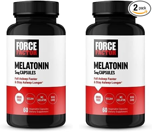 Force Factor Melatonin 5mg, Drug-Free Supplement, Vegan, Non-GMO, 60 Vegetable Capsules (Pack of 2)