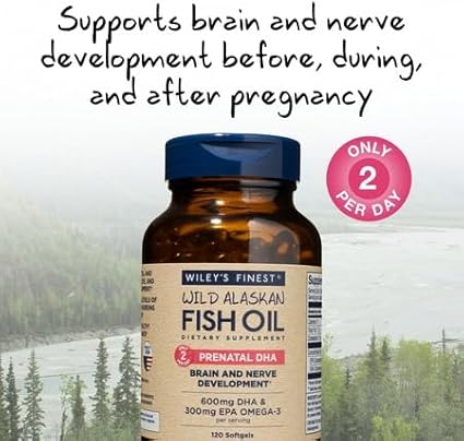 Wiley's Finest Wild Alaskan Fish Oil Prenatal DHA - 900mg EPA and DHA Omega-3s for Pregnant Women and Nursing Mothers - 120 Softgels (60 Prenatal Vitamin Servings)