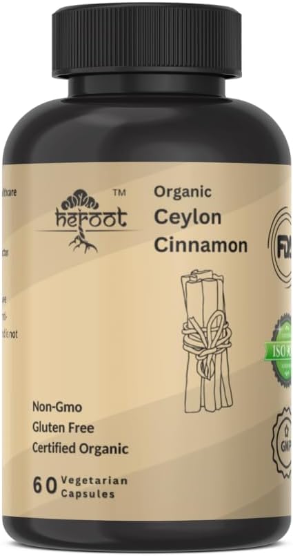 Organic Ceylon Cinnamon Capsules| Pack of 60| Free from additives, preservatives, and Artificial Flavoring|100% Pure| Unflavored, Herbal Natural Supplement| Vegan, Non-GMO and Chemical Free