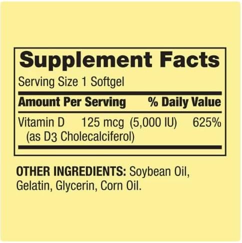 Vitamin D3 5000iu, 125 mcg per Softgel, Healthy Muscle Function, and Immune Support, Non-GMO, Gluten Free and Dairy Free Vitamin D Supplement, 250 Count