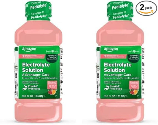 Amazon Basic Care Advantage Care Electrolyte Solution with Prevital Prebiotics, Strawberry Lemonade, Hydration Drink, Replenish Electrolytes, Fluid & Zinc, 33.8 Fl Oz (Pack of 2)