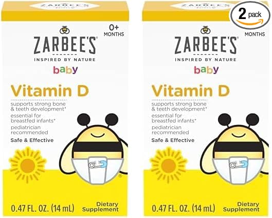 Zarbee's Vitamin D Drops for Infants, 400IU (10mcg) Baby & Toddler Liquid Supplement, Newborn & Up, Dropper Syringe Included, 0.47 Fl Oz (Pack of 2)