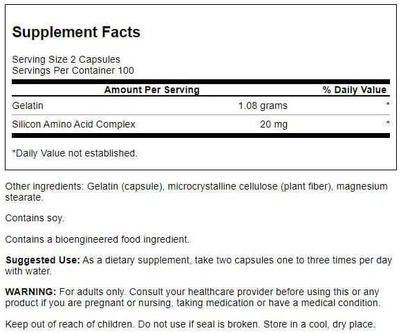 Swanson Gelatin and Silicon - Collagen Proteins Supporting Healthy Hair and Nails - Helps Deliver Vital Minerals for Strong Nails and Thick Hair - 20mg Silicon and 1.08 Grams Gelatin - (200 Capsules)