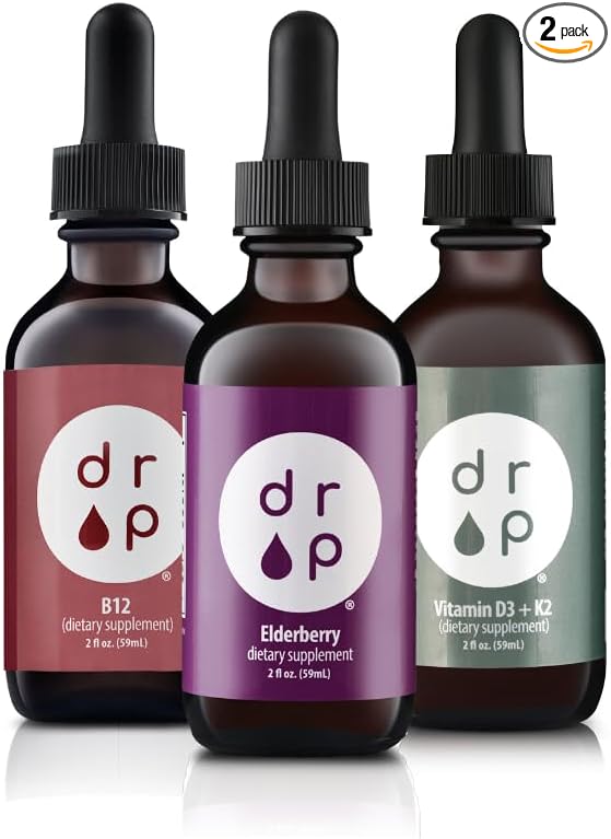 Drop Supplements Elderberry Drops, Vitamin B12 Drops and Vitamin D3+K2 Drops Bundle