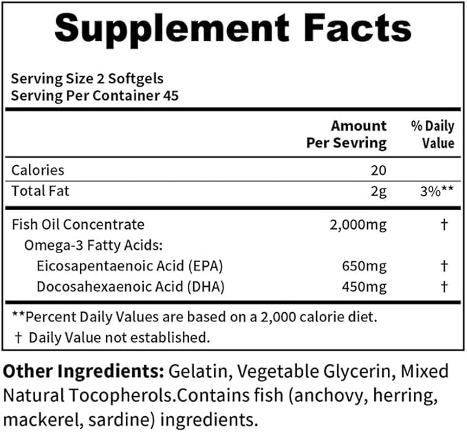 Omega 3 Fish Oil 1000mg, EPA DHA Triple Strength for Heart, Eye, Brain, Joint Health, 90 Softgels