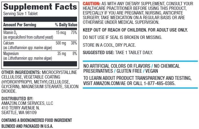 Amazon Elements Calcium Plus Vitamin D2, 65 Tablets (2 Month Supply) (Packaging May Vary) (Pack of 2)