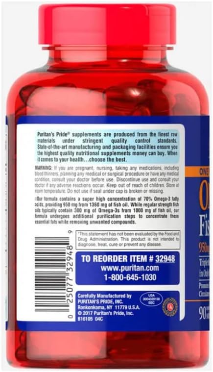 Puritans Pride One Per Day Omega-3 Fish Oil 1360 Mg (950 Mg Active Omega-3)-90 Softgels, 90 Count