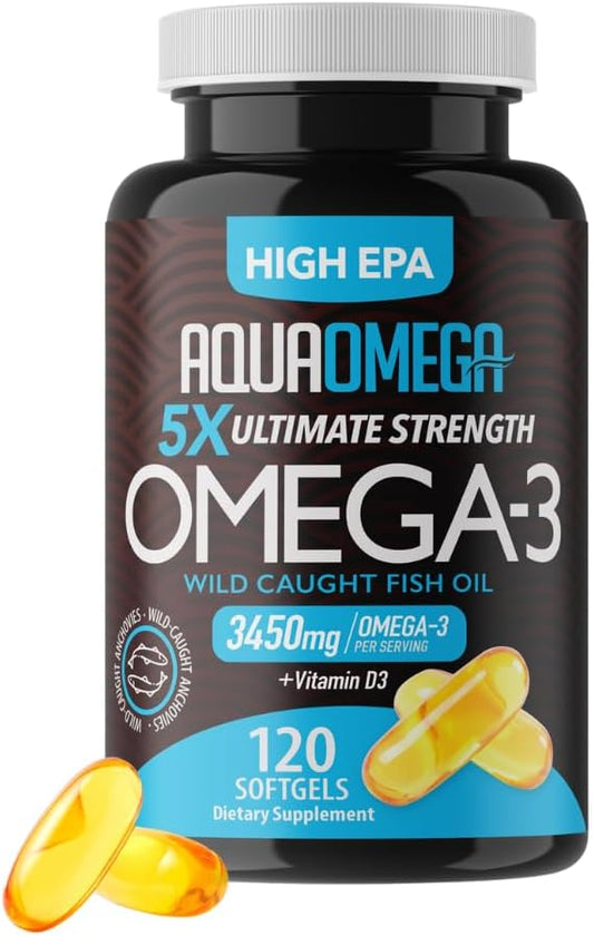 5X Ultimate Strength Omega 3 Fish Oil Supplements 3450mg, High EPA Organic Fish Oil Omega 3 Supplements with Vitamin D, Burpless Omega3 Fishoil with 2660mg EPA and 530mg DHA, 120 Softgels, Unflavored